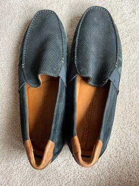 Ecco Black Slip-On Loafers with Tan Trim